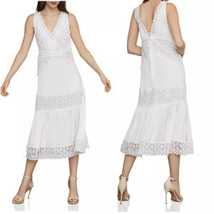 BCBGMAXAZRIA Off-White Lace Midi Dress | Romantic Bridal Shower Event M